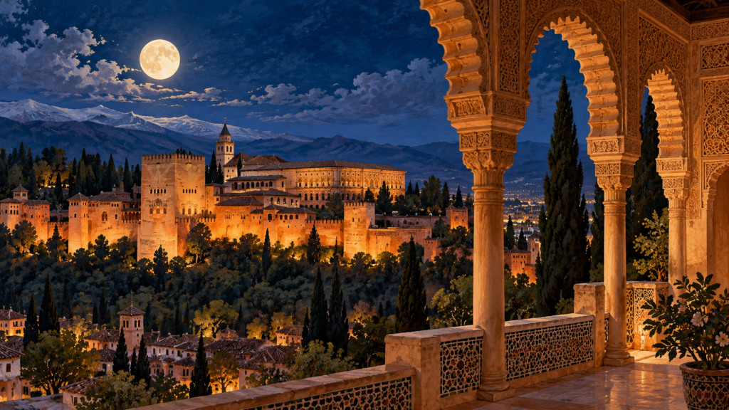 Illustrated view of the Alhambra in Granada at night