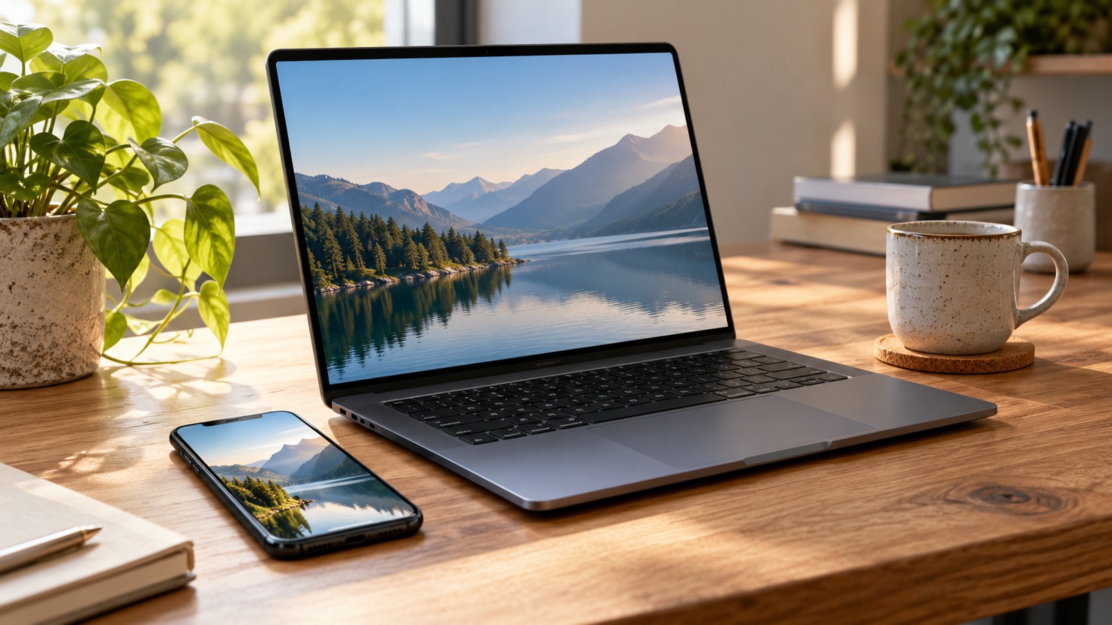 Phone and laptop on a wooden desk