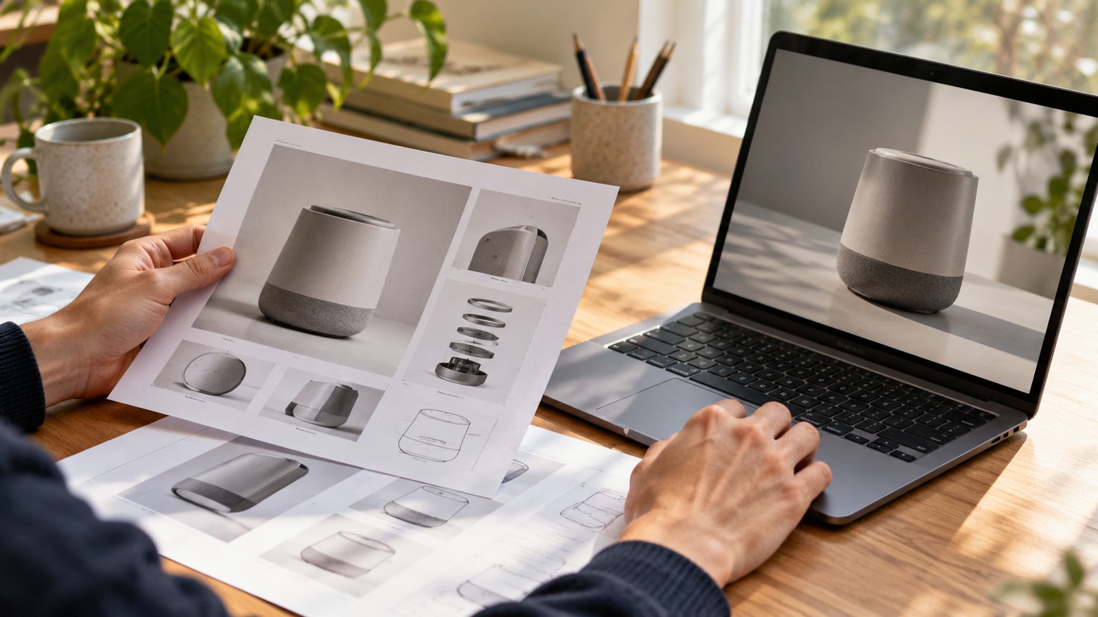 Hands comparing printed documentation with a laptop