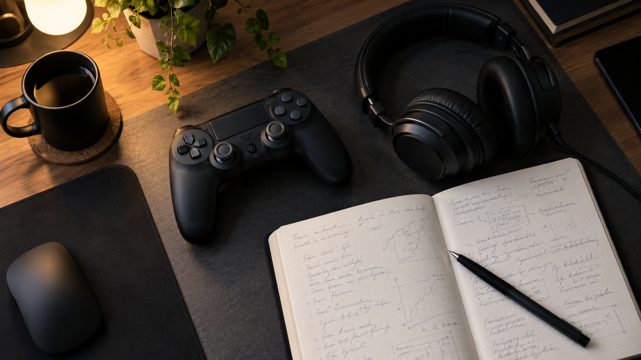 Illustrative controller, headphones and practice notebook