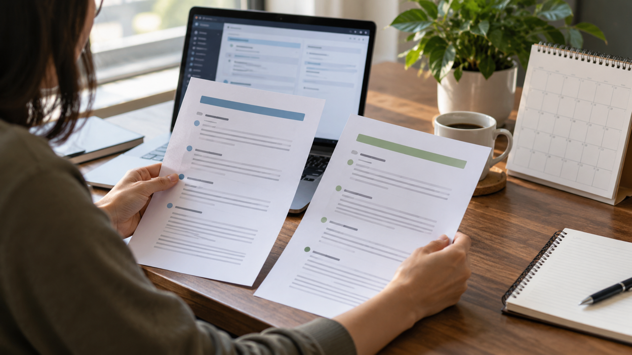 Illustrative desk scene comparing documents beside a laptop