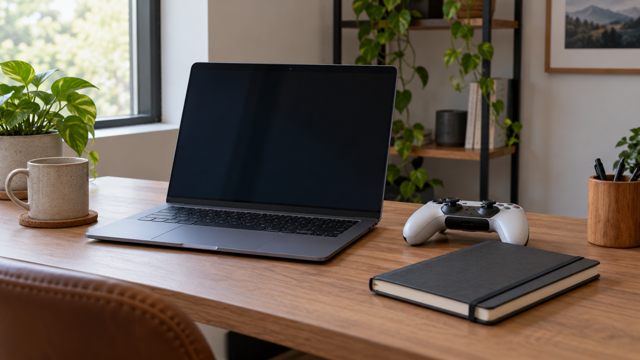 Illustrative laptop and controller workspace