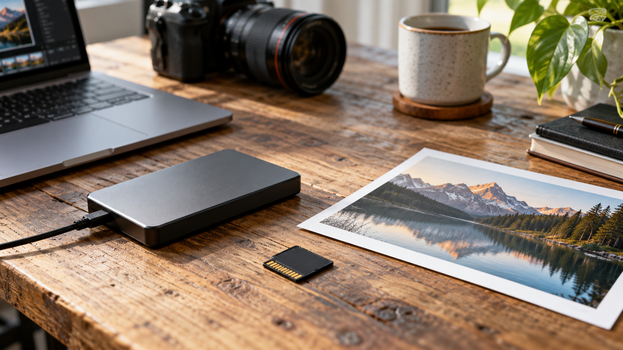 Illustrative backup drive beside photographic equipment