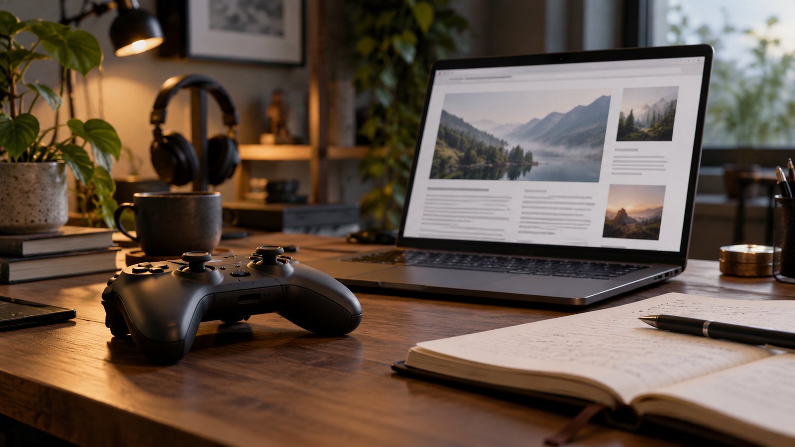 Gaming research desk with controller and reading notes