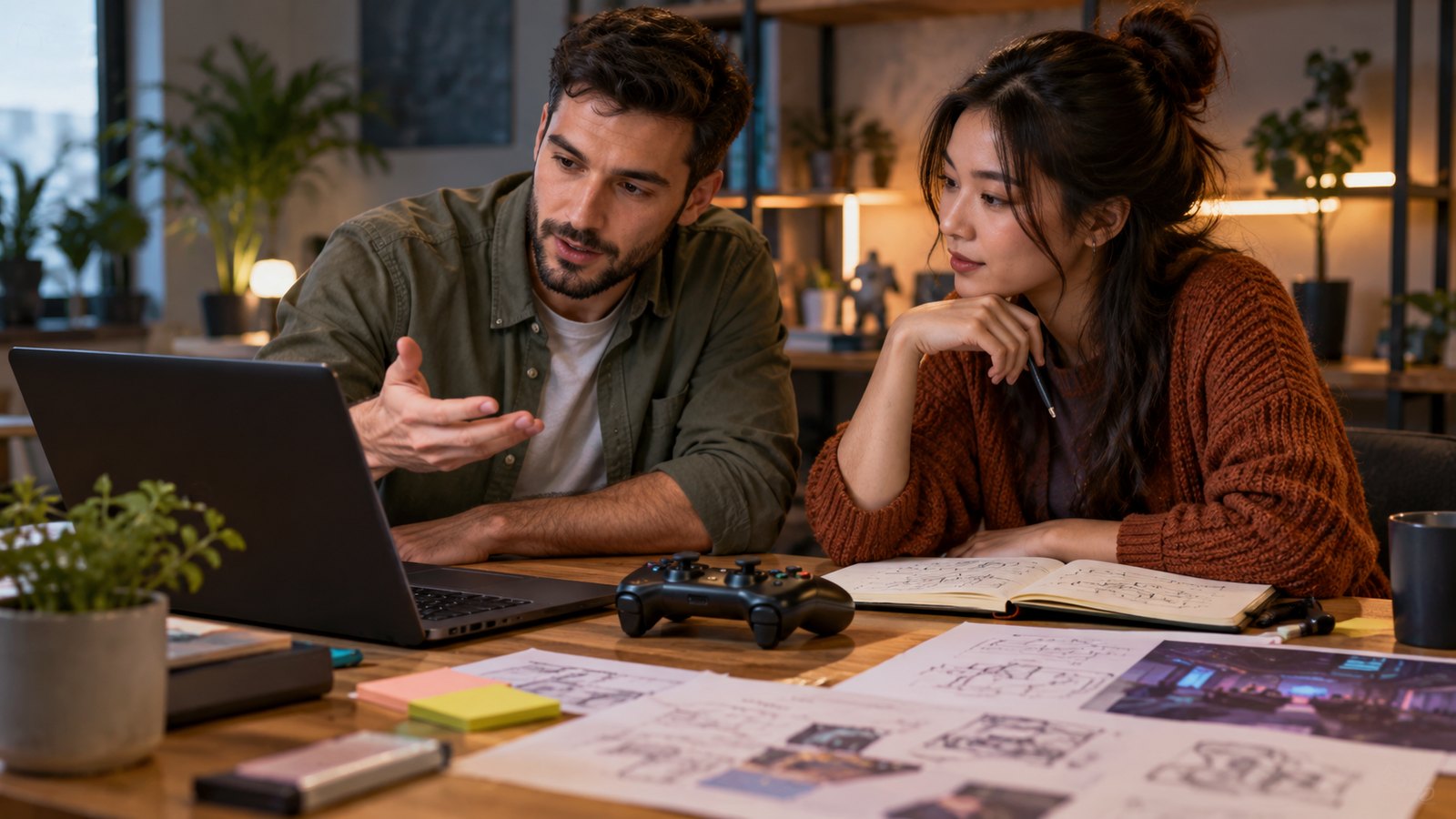 Two people discussing a gaming activity at a desk