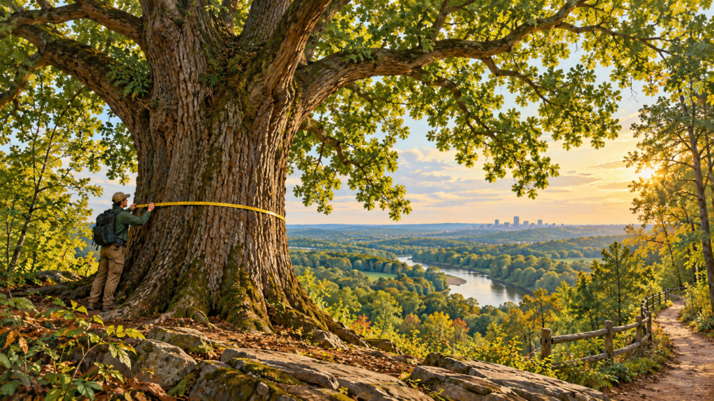 Illustration of measuring a large broadleaf tree for a champion-tree record