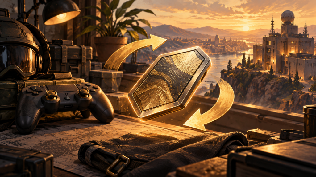 Conceptual illustration of gaming cosmetics and an exchange beside a controller